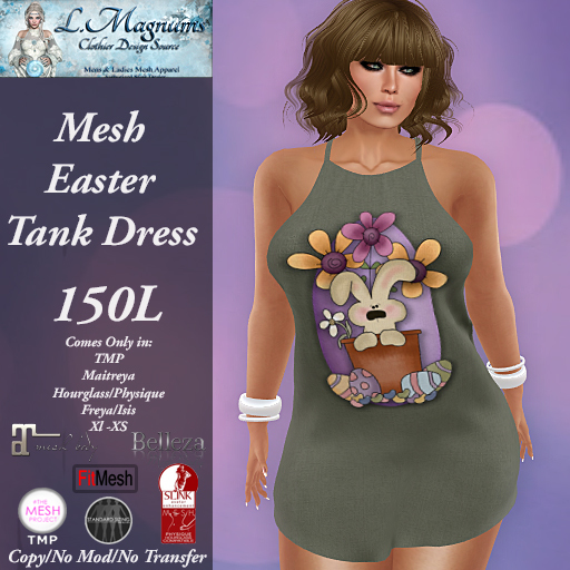 LMs Mesh Easter Tank Dress - Cute Bunny Olive