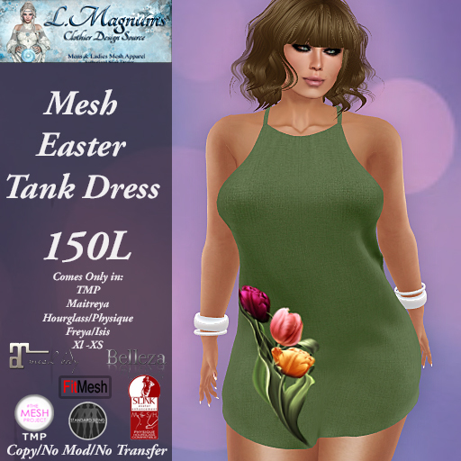 LMs Mesh Easter Tank Dress - Tulips Green - TMP,Maitreya, Hourglass, Physique,Freya, Isis, Classic XL-XS