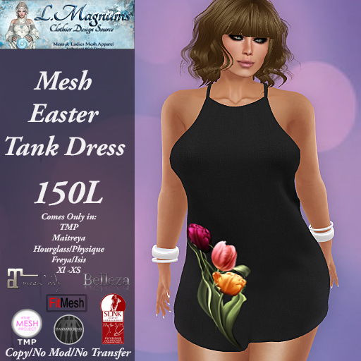 LMs Mesh Easter Tank Dress - Tulips Black - TMP,Maitreya, Hourglass, Physique,Freya, Isis, Classic XL-XS