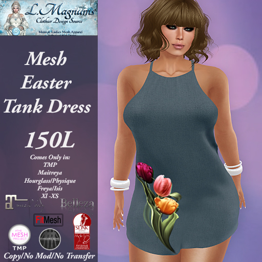 LMs Mesh Easter Tank Dress - Tulips Blue - TMP,Maitreya, Hourglass, Physique,Freya, Isis, Classic XL-XS