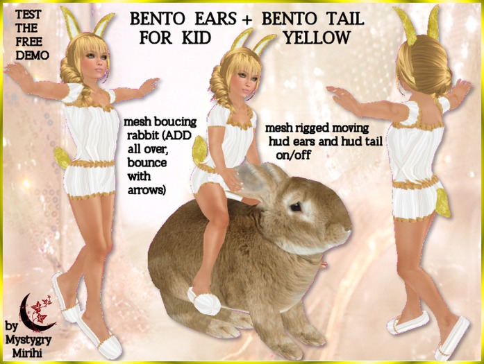 Bunny yellow Bento kid ears tail rigged mesh moving rabbit for girl or kid , small avatar