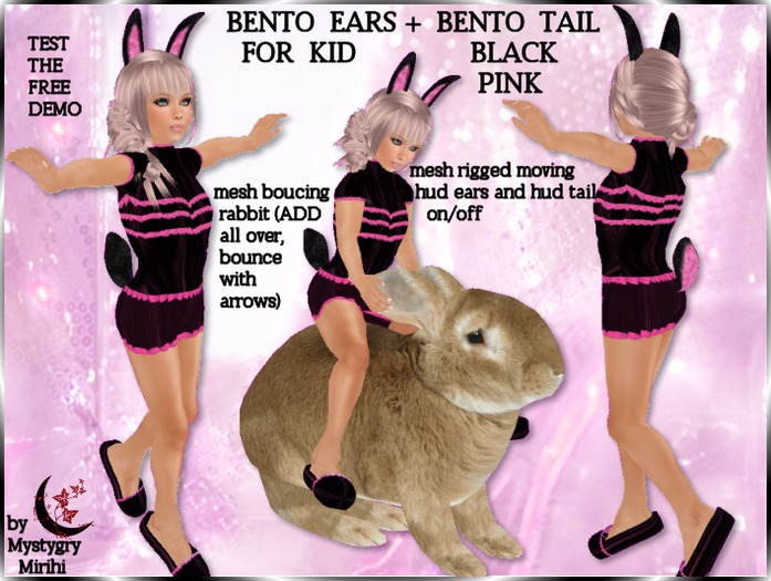Second Life Marketplace - Bunny black pink Bento kid ears tail rigged ...