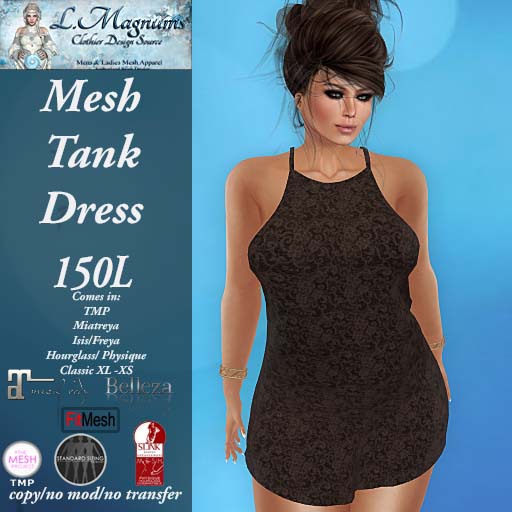 LMs Mesh Tank Dress - Lace Brown - TMP, Maitreya, Hourglass, Physique, Freya, Isis, Classic XL-XS