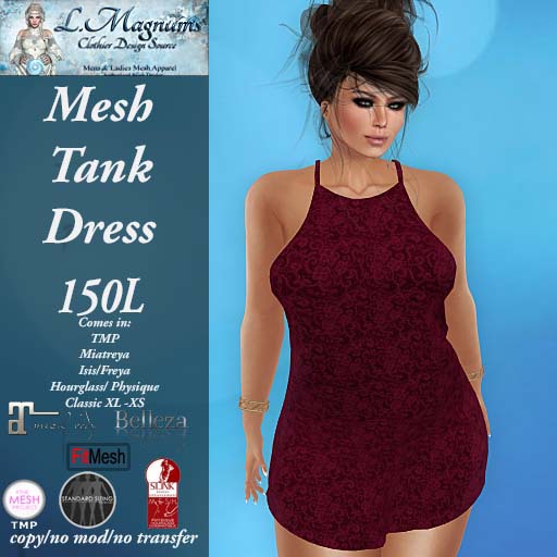 LMs Mesh Tank Dress - Lace Red - TMP, Maitreya, Hourglass, Physique, Freya, Isis, Classic XL-XS