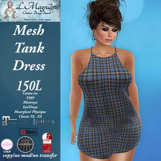 LMs Mesh Tank Dress - Plaid Blue - TMP, Maitreya, Hourglass, Physique, Freya, Isis, Classic XL-XS