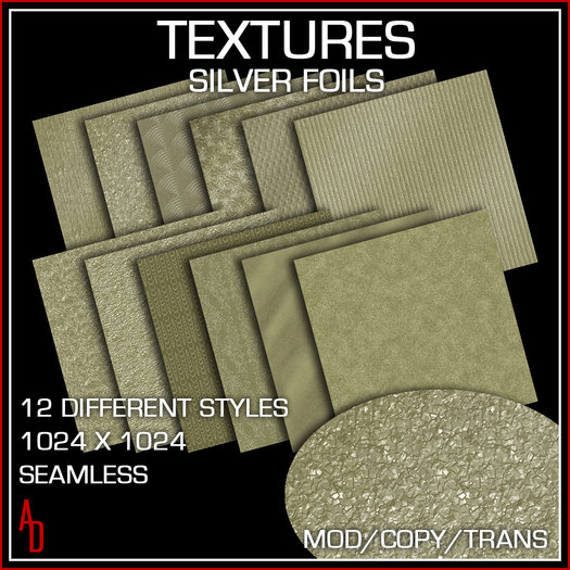 *AD* Textures - Metallic Embossed Foil - 12 different designs - 1024 x 1024 PNG files FULL PERM