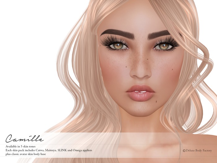 Deluxe Body Factory, Camille skin, Catwa, SLINK, Maitreya and Omega appliers, system skin, Honey