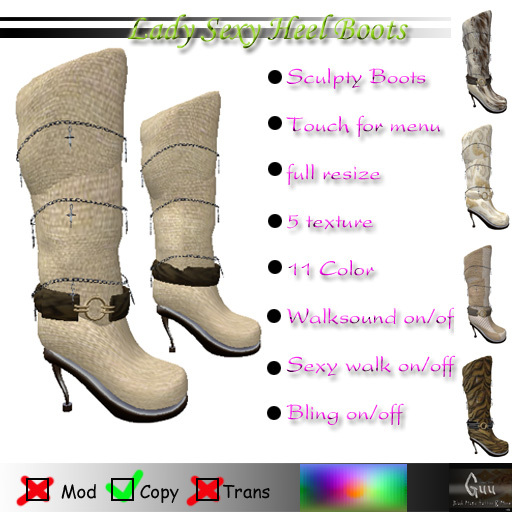 -=((Guu))=- Lady sexy Heel Boots [BOXED] resize change texture color ao walk sound bling on/off