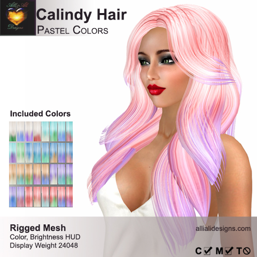 A&A Calindy Hair Pastel Colors Pack. Rigged Mesh Long Womens Hairstyle