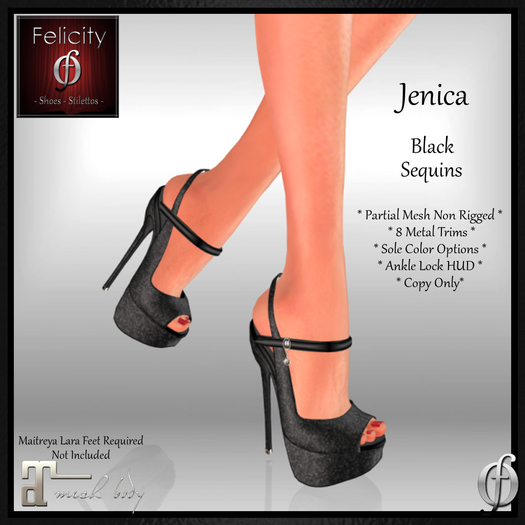 *Felicity* Jenica Stilettos - Black Sequins High Heel Open Peep Toe Shoes Pumps (8 Metal Trim, Sole Option) for Maitreya
