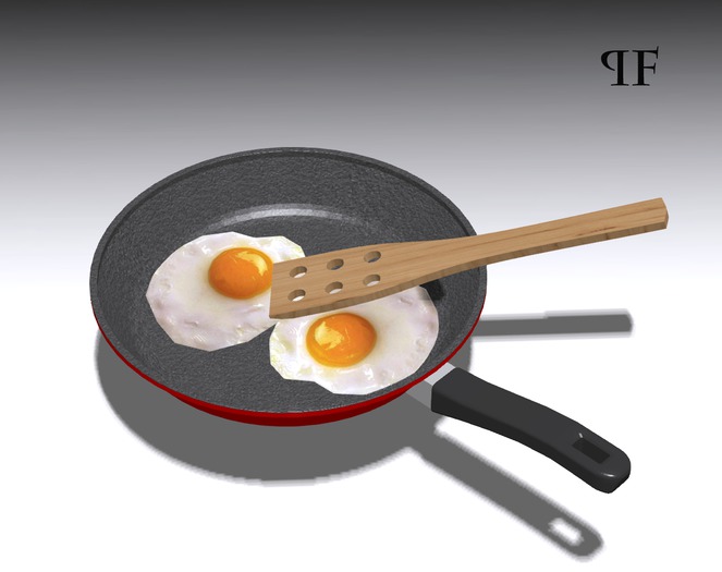 Fried eggs, pan, cooking spoon