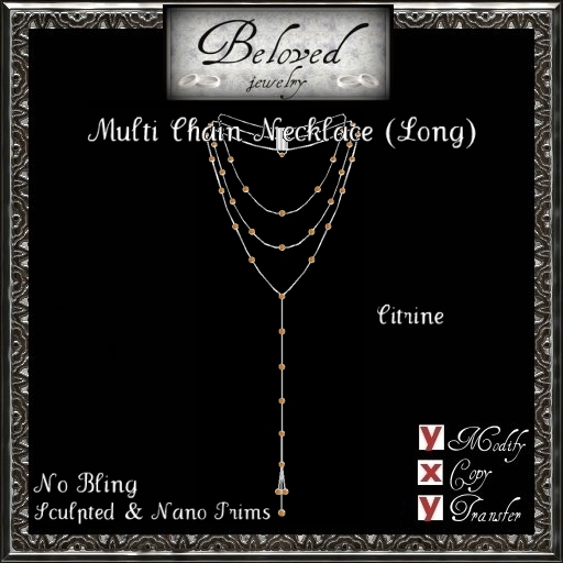 Beloved Jewelry : Silver Multi Chain Necklace (Long)-Bezel Citrine