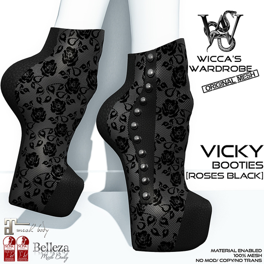 Wicca's Wardrobe - Vicky Booties [Roses Black] [BOXED]