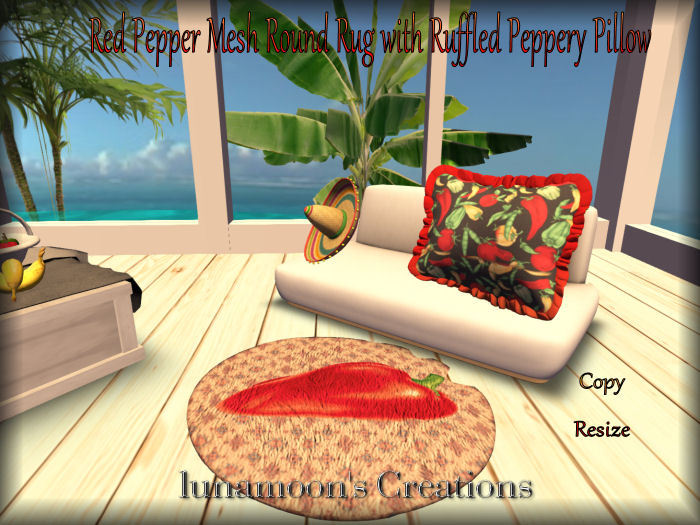 Red Pepper Mesh Round Rug with Ruffled Pillow