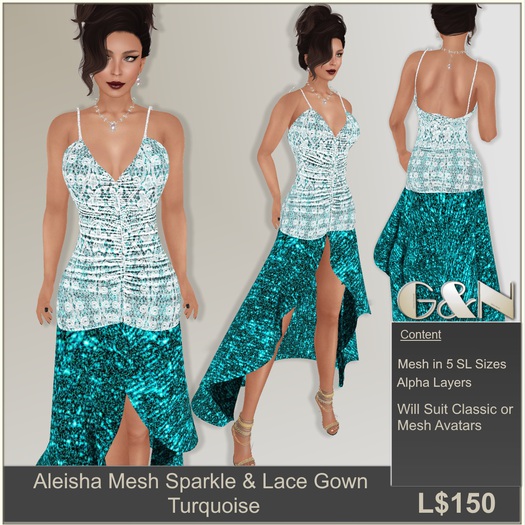 G&N Aleisha Mesh Turquoise Sparkle & Lace Gown (Transfer)
