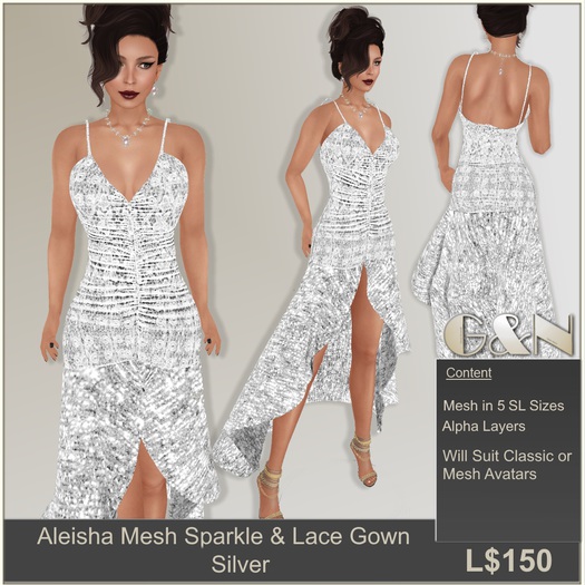 G&N Aleisha Mesh Silver Sparkle & Lace Gown (Transfer)