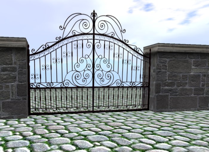 Scripted opening wrought iron gate