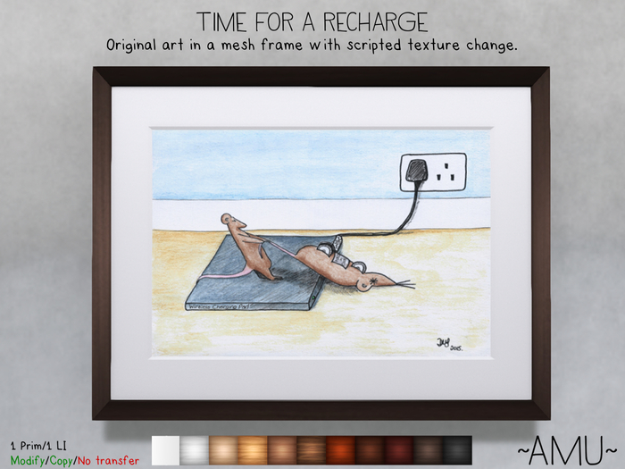 ~AMU~ Time for a Recharge - framed cartoon art 