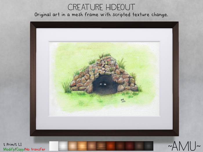 ~AMU~ Creature Hideout - framed watercolour cartoon