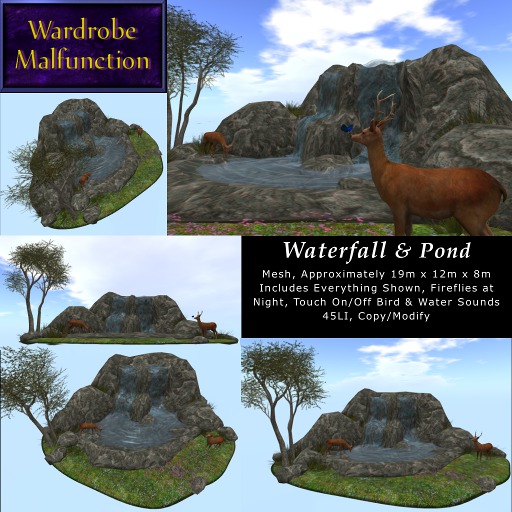 ~WM~ Mesh Waterfall & Pond with Touch On/Off Sound Effects, Copy/Modify 