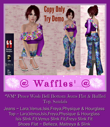 *WM* Peace Wash Bell Bottom Jeans Flat & Ruffled Top, Sandals