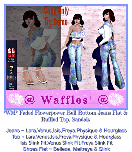 *WM* Faded Flowerpower Bell Bottom Jeans Flat & Ruffled Top, Sa