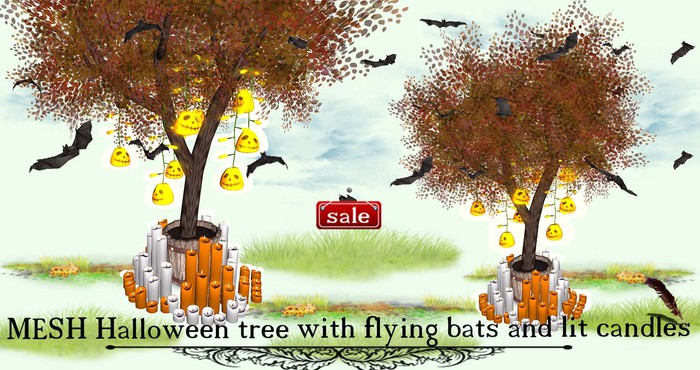 albero halloween con pipistrelli volanti e candele accese(C&M)