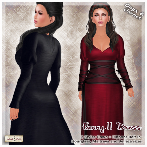 [V/W] Fanny II Onyx & Garnet - Medieval Fantasy Gown in 2 colors & 2 styles + ribbon belt. Belleza, Maitreya, Hourglass