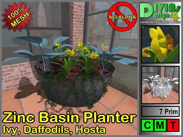 Zinc Basin Planter - Hosta, Daffodil Ivy