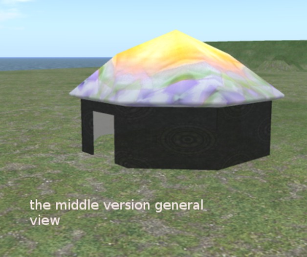 octagonal mesh building with roof and 2 openings for doors