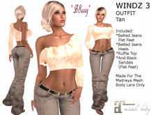 *BSASSY* WINDZ 3 BELTED JEANS WITH RUFFLE SHIRT AND SANDALS