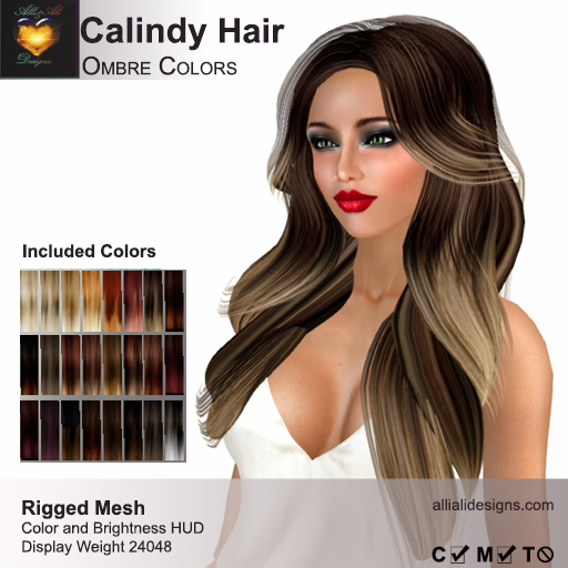 A&A Calindy Hair Ombre Colors Pack. Rigged Mesh Long Womens Hairstyle