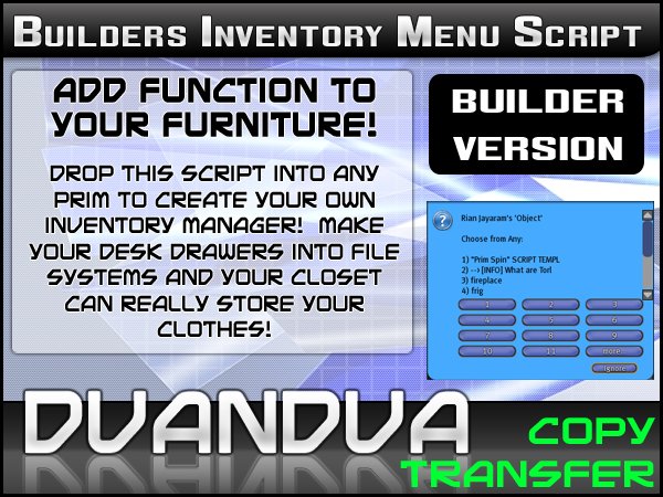 Second Life Marketplace - Dvandva Inventory Menu Script - Builder Edition!