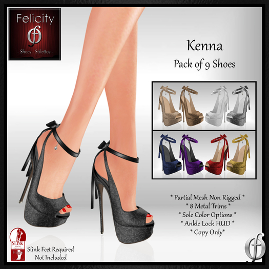 *Felicity* Kenna Stilettos - Pack of 9 High Heel Shoes Open Toe Pumps (Metal Trim/Sole Options) for Slink
