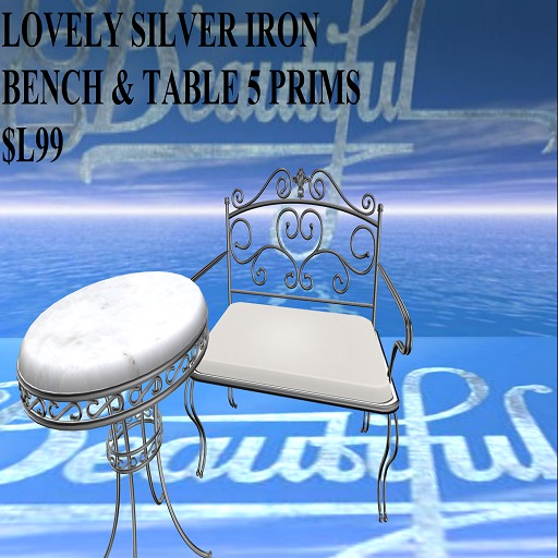 SILVER IRON BENCH & TABLE