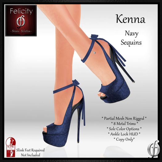 *Felicity* Kenna Stilettos - Navy Blue Sequins High Heel Shoes Open Toe Pumps (8 Metal Trim/5 Sole Options) for Slink