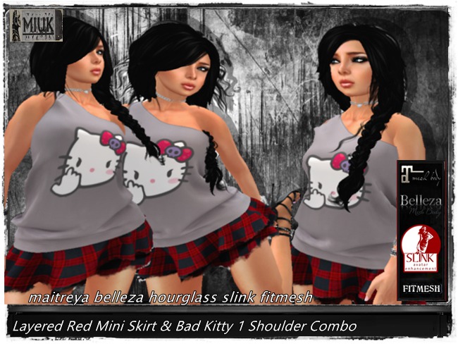MIUK - Layered  Red Mini Skirt & Bad Kitty 1Shoulder Combo