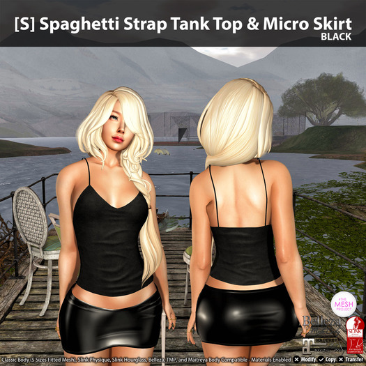 [S] Spaghetti Strap Tank Top & Micro Skirt Black