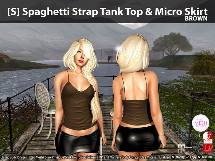 [S] Spaghetti Strap Tank Top & Micro Skirt Brown