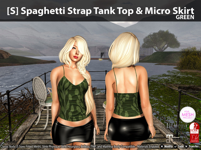 [S] Spaghetti Strap Tank Top & Micro Skirt Green
