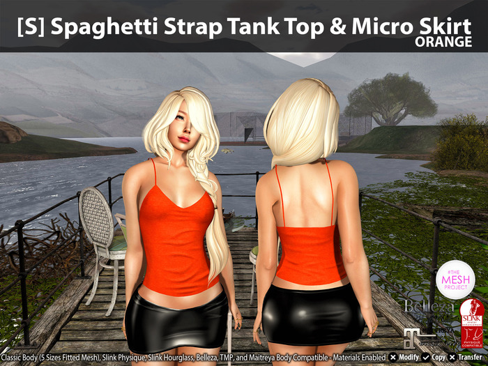 [S] Spaghetti Strap Tank Top & Micro Skirt Orange