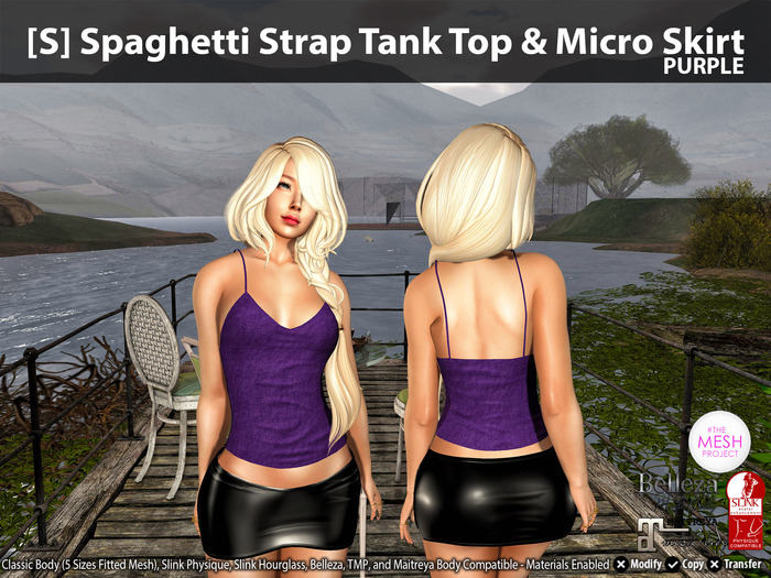 [S] Spaghetti Strap Tank Top & Micro Skirt Purple