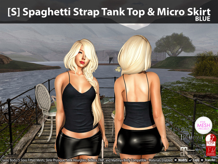 [S] Spaghetti Strap Tank Top & Micro Skirt Blue