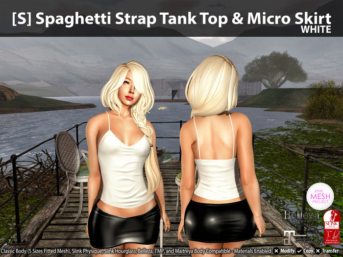 [S] Spaghetti Strap Tank Top & Micro Skirt White