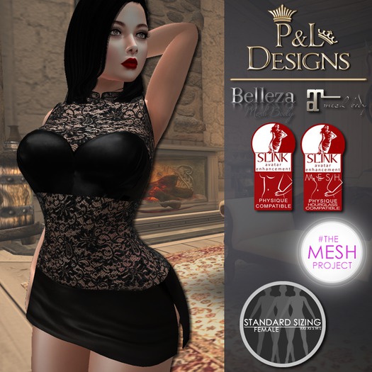 [P&L] - Satin and Lace Dress Black