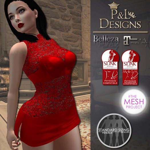 [P&L] - Satin and Lace Dress Red