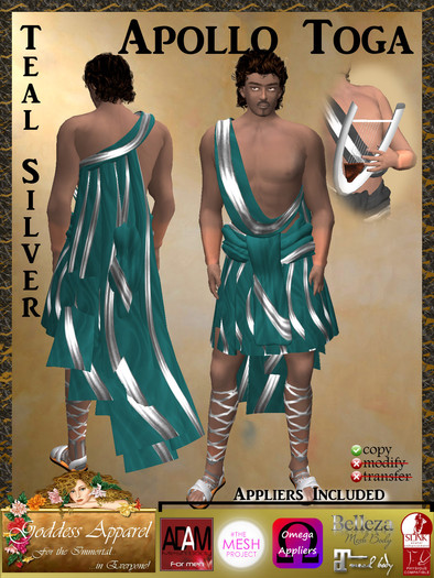 *Goddess* Apollo Toga Costume in Teal Silver w/Appliers