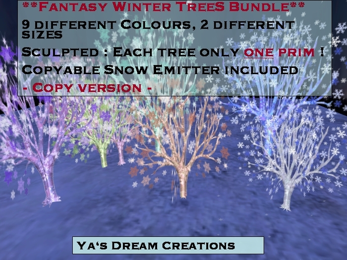 *Ya's* Fantasy Winter Trees- ONE PRIM EACH-Complete Pack/COPY+MOD!