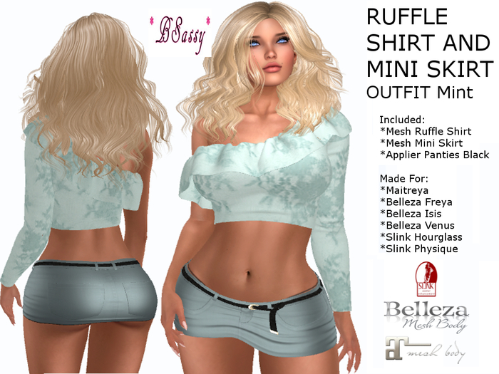 *BSASSY* RUFFLE SHIRT AND MINI SKIRT MINT