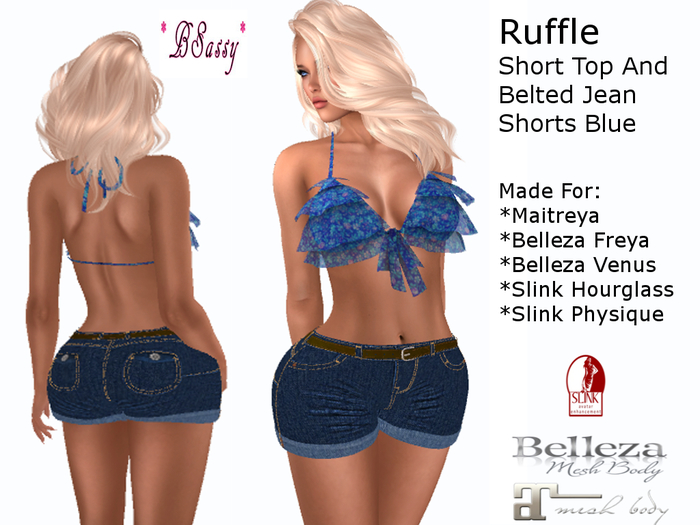 *BSASSY* RUFFLE SHORT TOP AND BELTED JEAN SHORTS BLUE